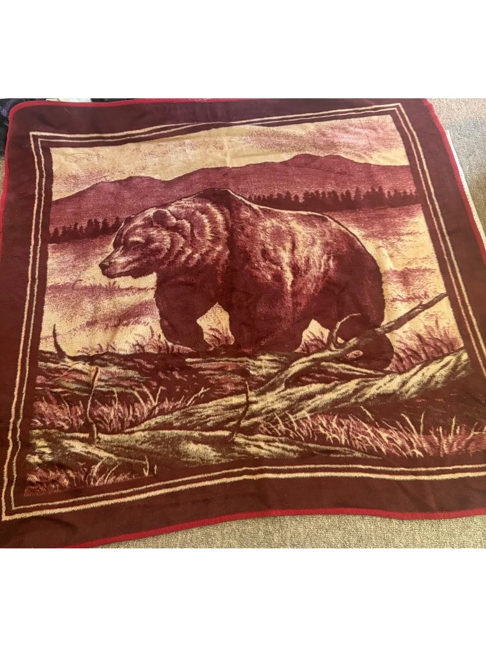 Reversible Bear Print Throw Blanket with Nature Scene